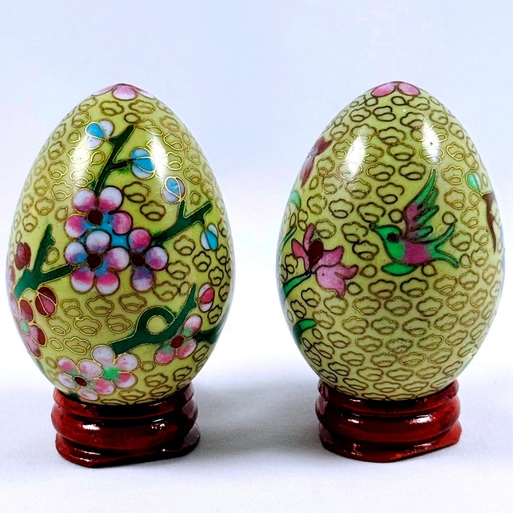 Vintage Pair Enamel Cloisonné Eggs with Stands Beige Green Floral Bird Charming